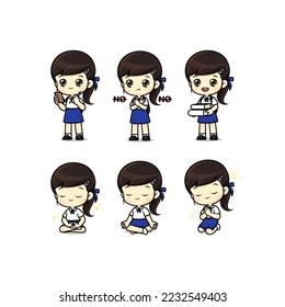 Set of cute girl student in school uniform mascot character isolated vector for illustration