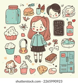 Set of cute girl stuff in doodle-style flat illustration