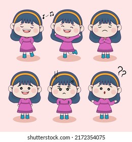Set of cute girl in various action and emotion, singing, smile, angry in cartoon character,  vector illustration