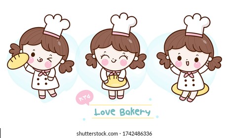 Set of Cute girl vector Kawaii bakery shop collection logo cartoon for kid dessert (banner): Series Sweet Chef cooking, Girly doodle. Magic character on white background illustration. Perfect design.