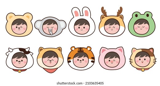 Set of cute girl wear animals head costume.Bear,elephant,tiger,rabbit,cow,dog,frog,cat,deer,pig.Smile kid cartoon hand drawn.Isolated.Collection.Kawaii.Vector.Illustration.