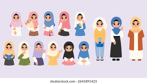 set cute girl wear hijab character with flower, book, reading, young muslim woman sitting, smile arabic cartoon standing, happy arabian girl with casual dress illustration