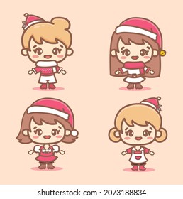 Set of cute girl wear santa hat and fashionable dress for chritmas holiday. Pink Kawaii style 