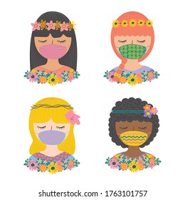 Set cute girl wearing face mask with flowers flat pop color character vector