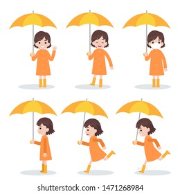 Set of Cute girl wearing orange raincoat holding yellow umbrella run, Foots bite, Rain sick, wear mask, run, standing, Medical Health care concept, Cartoon Flat vector.