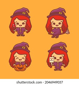 Set of cute girl wearing witch costume sit on flyng broom,  pumpkin, holding candy and trick or treat banner. Cartoon characters 