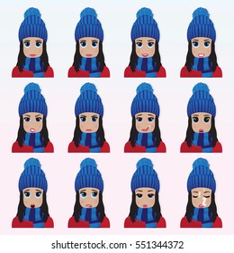 Set of cute girl in winter hat emoticons. Various emotions of the character. Set of avatar icons. Vector illustration.