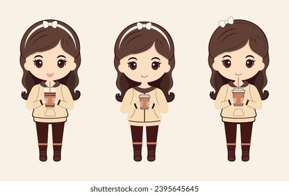 Set of cute girl or woman wearing hoodie and holding cup drink coffee and smile ,vector illustration