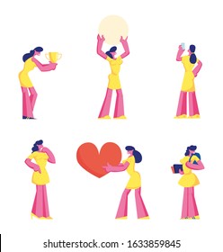 Set of Cute Girl in Yellow Dress Holding Big Heart, Celebrate Victory with Trophy, Student with Backpack and Books, Using Smartphone Isolated on White Background. Cartoon Flat Vector Illustration