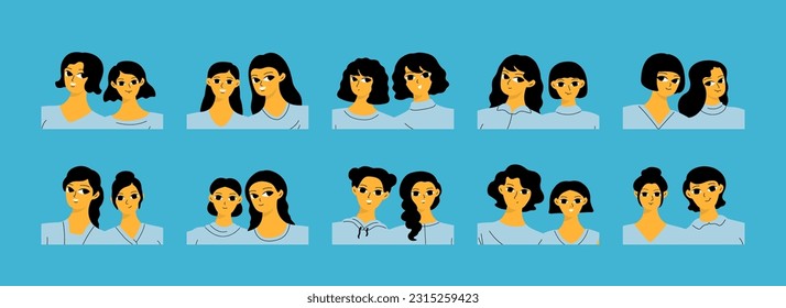 Un conjunto de caras adorables de chicas. Colección de parejas sonrientes femeninas. Dos chicas se toman un selfie. Diseño de dibujos animados planos
