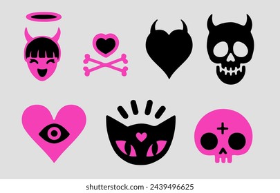 Set of cute girlish gothic ilustrations with hearts and skulls in black and pink for transfer tattoos and stickers.