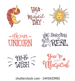 Set of cute girlish hand-drawn lettering quotes about magic and unicorns with cartoon moon, sun and stars. Great choice for t-shirt prints, greeting card and stickers.Vector illustration.