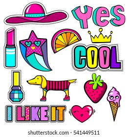 Set of cute Girlish stickers and comic patch badges with words Yes, Cool, crown, star, heart, lipstick, women hat, dog in t shirt with line, orange slice, nail polish bottle, 
strawberry, ice cream.