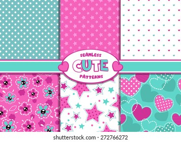 Set of cute girlish vector seamless pattern