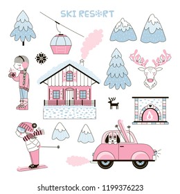 Set of cute girl-like Ski Resort themed clip-arts made in winter pastel palette. Cute girl character, Chalet, Mountains, fireplace, retro Car, Ski. Vector doodle graphics for paper goodies.