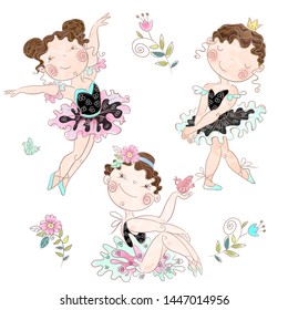 Set of cute girls ballerinas. Vector.