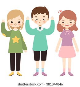 set of cute girls and boy in different outfits on white background. can be used for birthday party, stickers, greeting cards