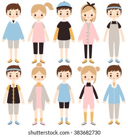 set of cute girls and boys in different outfits on white background. can be used for birthday party, stickers, greeting cards