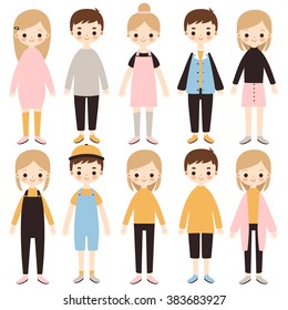 set of cute girls and boys in different outfits on white background. can be used for birthday party, stickers, greeting cards