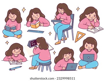 Set of cute girls cartoon at study