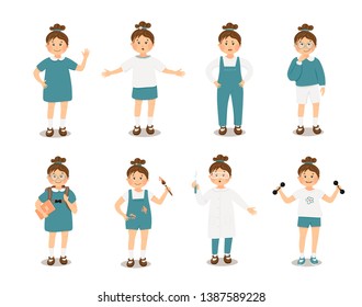 Set of cute girl's characters with different mood: welcome, surprise, angry, reflection. Collection of child's types of school activities: drawing, playing sport, chemistry. Vector illustration.