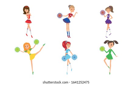 Set of cute girls cheerleaders with pom-poms. Vector illustration in flat cartoon style.