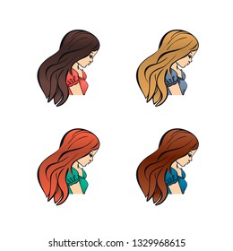 Set of cute girls with different color hand drawn outline style design vector illustration isolated. Cartoon flat icons