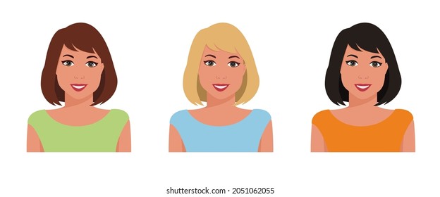 A set of cute girls with different colors and medium-length hairstyles. Brown-haired, blonde, brunette are isolated. Perfect for avatars, website icons, beauty salon prints