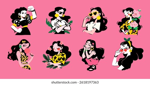 Set of cute girls with different emotions. Vector illustration on pink background