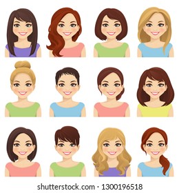 Set of cute girls with different hairstyles and color vector illustration isolated