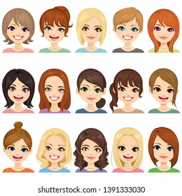 Set Auswahl süßer Mädchen mit verschiedenen Haarstilen und HaarfarbIllustration Gesicht Avatar Kollektion