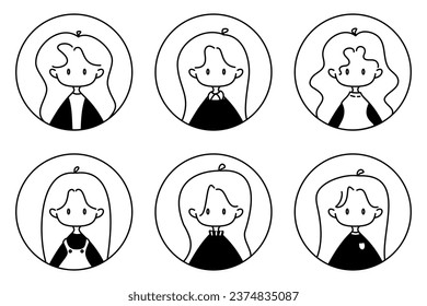 Set of cute girls with different hairstyles. Character avatars set. Face portraits in circles. Flat graphic vector illustrations isolated on white background