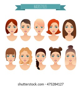 set of cute girls with different hairstyles for your design