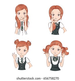 Set of cute girls with different hairstyles and different stylish school uniform for your design. Isolated on white.