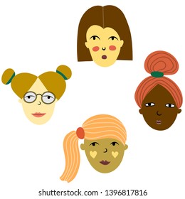 Set of cute girls different nationalities.  Cartoon womens portraits  on white background. Vector illustration.