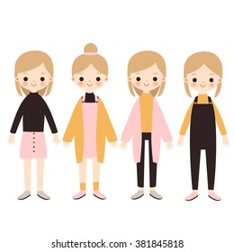 set of cute girls in different pastel outfits and with different hairstyles. can be used for birthday cards and invitations