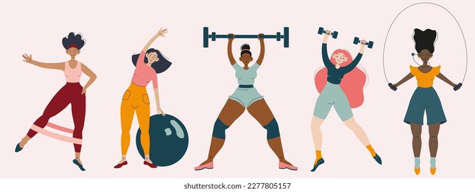Set of cute girls doing fitness workout. Fitness, Sport center, Healthy lifestyle, Workout concept. Women training. Vector illustration for poster, banner, website, placecard, flyer.