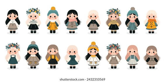 Conjunto de chicas lindas vestidas con diferentes ropas. Estilo escandinavo dibujado a mano. Para áreas como pegatinas y juguetes.