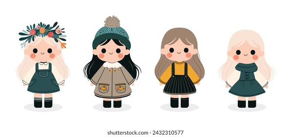 Set of cute girls dressed in different clothes. Hand drawn scandinavian style. For areas such as stickers and toys.