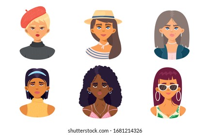 Set of cute girls faces of different nationalities. Vector illustration in flat cartoon style.