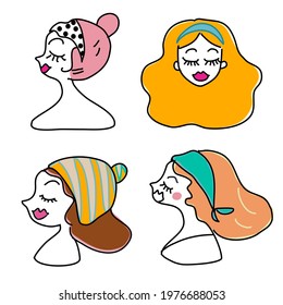 set of cute girls faces in different hair style drawing in retro style hand drawn cartoon vector 