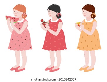 Set of cute girls with fruits. Smiling girl eating fresh fruits and berries. Vector illustration simple flat style.