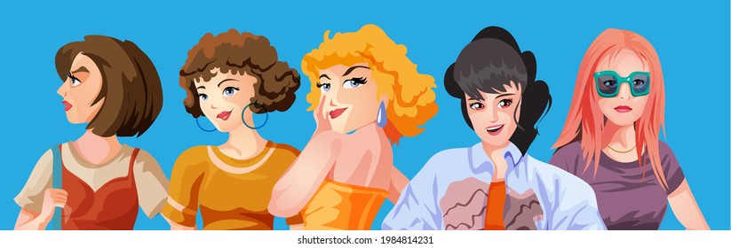 A set of cute girls hands illustrations in various clothes,hair and hats. Vector stickers or badges. Colorfull vector illustration in cartoon style