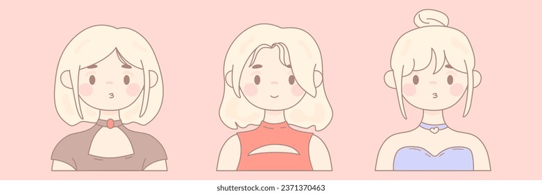 Set of cute girls. Happy modern young person avatars. Characters bundle. Collection of cute girls isolated on pink
