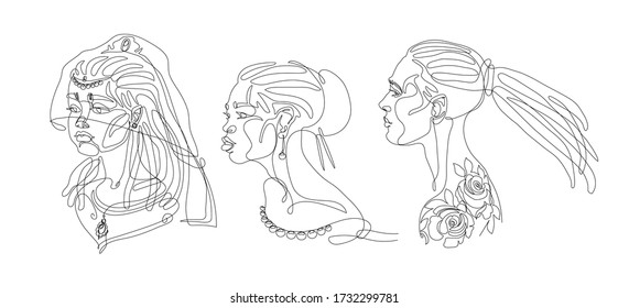 set of cute girls heads with jewelry & tattoo roses, beads & earrings, bride in veil on dreadlocks, vector illustration with black contour lines isolated on white background in one line drawing style