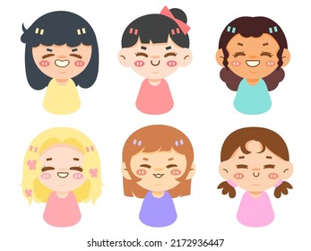 Set of cute girls icons. smile, happy, children, colorful, cartoon,	