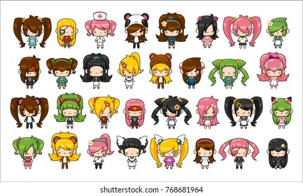 A set of cute girls illustration in various clothes and hair styles