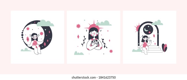 Set of cute girls with moon and sun. Vector illustration.