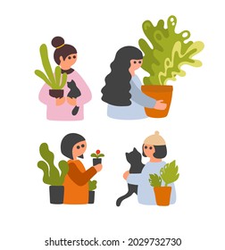 Set of cute girls with plants cat lovers. Vector illustration of home garden. Womans floral hobby.