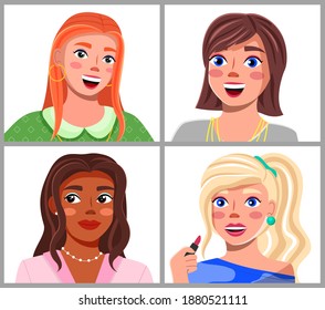 Set of cute girls portraits with different hairstyles and color. Different types of young women flat style. Beautiful female characters bloggers with various facial expressions, makeup, appearance